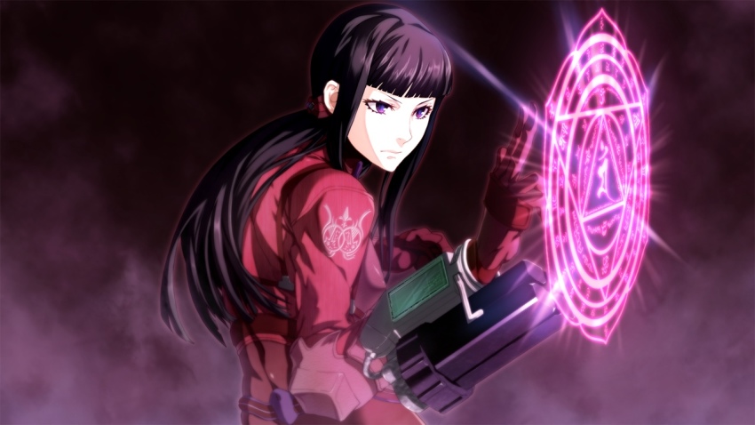 1girl belt black_hair blunt_bangs bodysuit bradyon_veda breasts closed_mouth covered_erect_nipples elbow_pads emblem female_focus fighting_stance from_side game_cg gloves glowing hands_up harness headgear kiryuu_shion long_hair looking_to_the_side magic magic_circle military military_uniform monitor purple_bodysuit purple_eyes runes serious sidelocks skin_tight small_breasts solo standing straight_hair triangle upper_body vambraces zunta