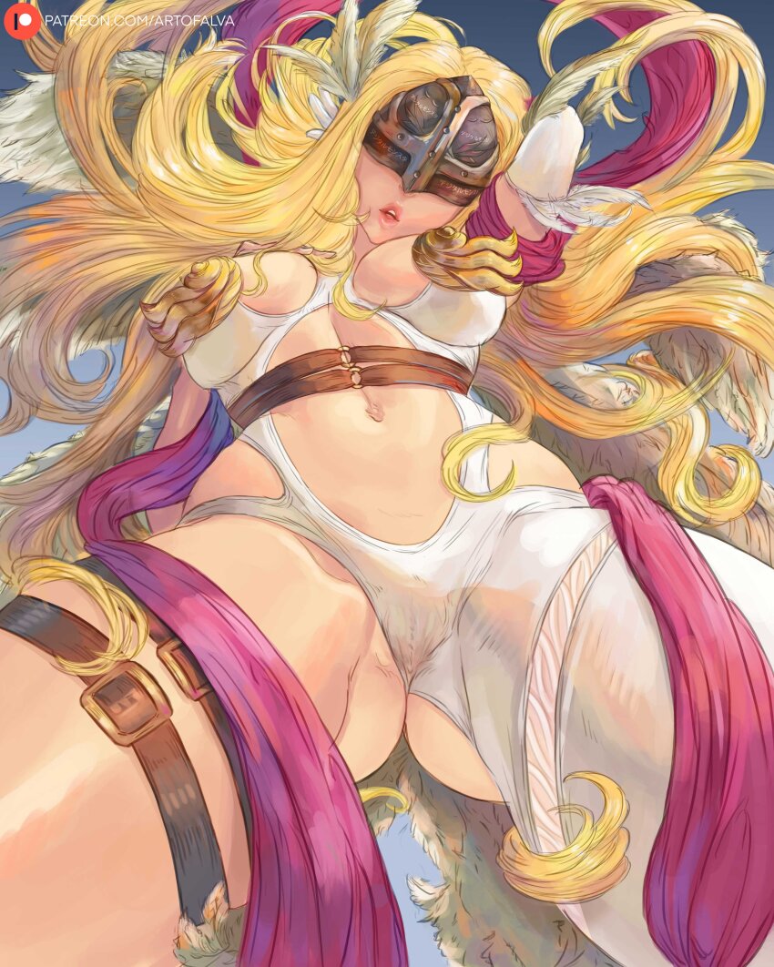 absurdres alva alva_(artofalva) angel angel_girl angel_wings angewomon arms_behind_head artist_name ass asymmetrical_clothes asymmetrical_legwear blonde_hair breasts breasts_apart covered_eyes digimon digimon_(creature) digimon_adventure elbow_gloves feathered_wings gloves helmet helmet_over_eyes highres large_breasts long_hair multiple_wings open_mouth patreon_username pink_shawl shawl skindentation spread_legs thick_thighs thigh_strap thighs wings