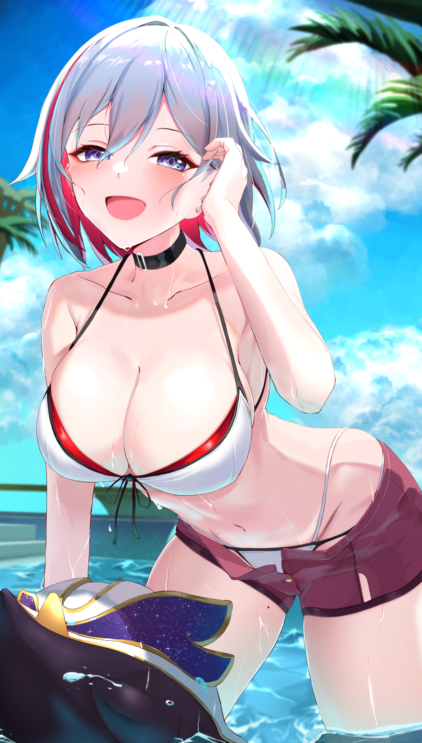 1girl a10_(avxv8374) absurdres bikini bikini_under_shorts black_choker blue_eyes blue_sky breasts choker cleavage cloud day grey_hair highres honkai:_star_rail honkai_(series) large_breasts leaning_forward multicolored_hair navel numby_(honkai:_star_rail) open_fly open_mouth pool red_hair red_shorts short_shorts shorts sky solo stomach streaked_hair swimsuit topaz_(honkai:_star_rail) trotter_(honkai:_star_rail) wading wet white_bikini