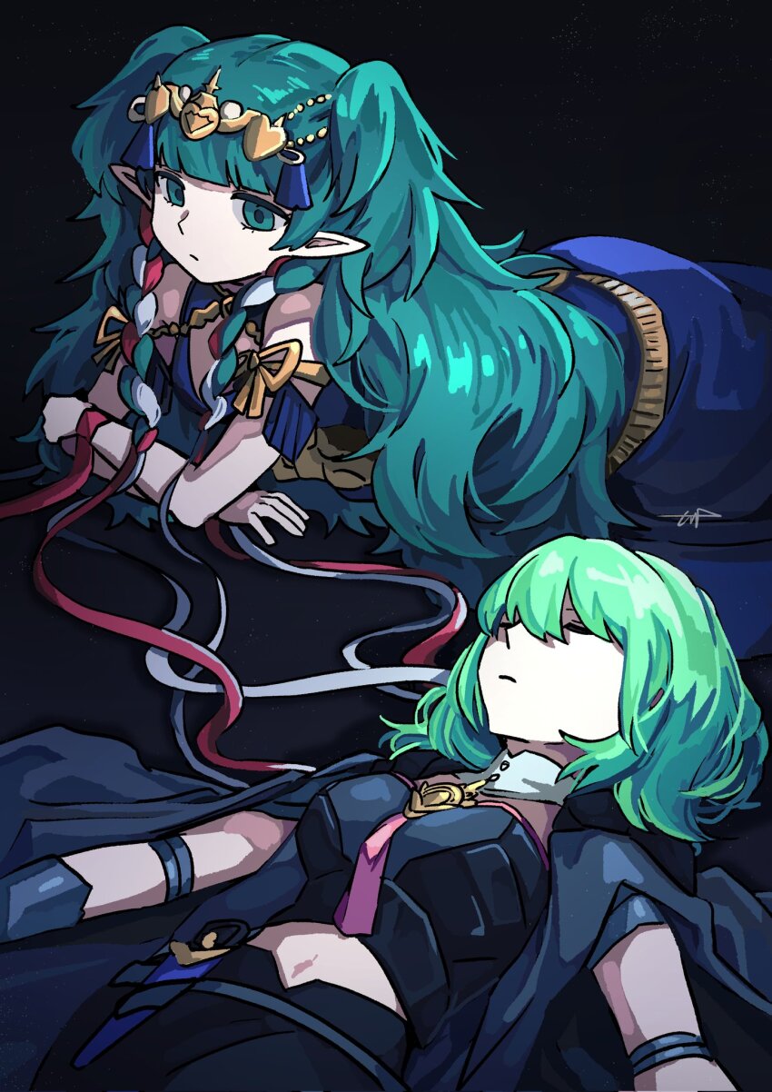 2girls arm_support black_and_shot black_background black_cape blue_dress byleth_(female)_(fire_emblem) byleth_(fire_emblem) cape closed_eyes dagger dress fire_emblem fire_emblem:_three_houses green_hair hair_ribbon highres jewelry knife long_hair lying midriff_peek multiple_girls navel nintendo on_back on_stomach pointy_ears ribbon short_hair sidelocks signature simple_background sothis_(fire_emblem) tiara weapon