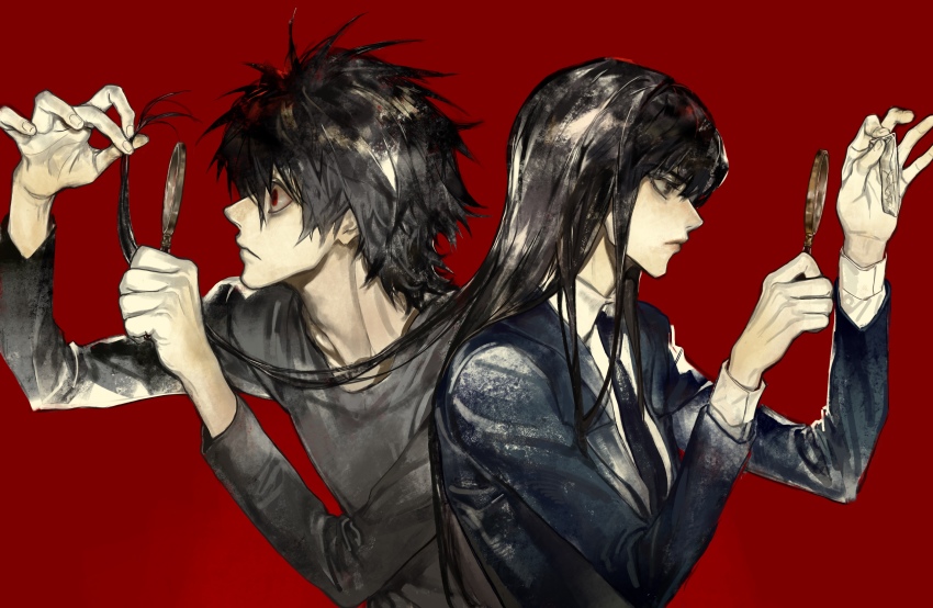 1boy 1girl back-to-back bags_under_eyes beyond_birthday black_eyes black_hair black_shirt death_note detective formal_clothes highres holding holding_own_hair long_hair magnifying_glass misora_naomi mvrl necktie red_background red_eyes shirt suit tuxedo