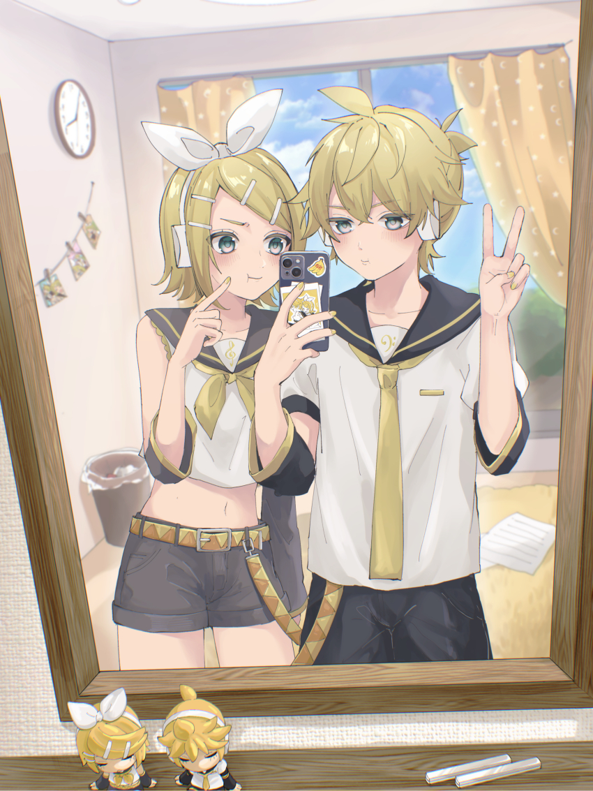 1boy 1girl absurdres belt blonde_hair blue_eyes blush bow cellphone cheek_poking clock crop_top detached_sleeves figure hair_bow hair_ornament hairclip headphones highres holding holding_phone indoors kagamine_len kagamine_rin midriff mirror mirror_selfie nail_polish navel nendoroid paper paripariparingo phone poking polaroid_photo shirt short_hair short_sleeves shorts sleeveless sleeveless_shirt smartphone trash_can v vocaloid