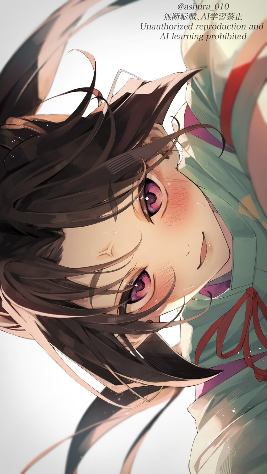 1boy artist_name ashura_010 backlighting blush brown_hair close-up hairstyle_request highres houjou_tokiyuki_(nige_jouzu_no_wakagimi) japanese_clothes kariginu looking_at_viewer male_focus nige_jouzu_no_wakagimi open_mouth portrait purple_eyes reaching reaching_towards_viewer red_ribbon ribbon sideways simple_background smile solo twitter_username veins watermark white_background