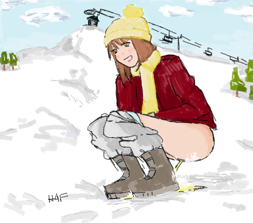 1girl blue_panties blush boots brown_footwear brown_hair clothes_pull cloud footprints grey_pants hat here4thefun jacket long_sleeves open_mouth original outdoors panties pants pants_pull panty_pull peeing pom_pom_(clothes) puddle pussy red_jacket relief scarf short_hair ski_lift sky smile snow squatting steam teeth tree uncensored underwear winter yellow_eyes yellow_hat yellow_scarf