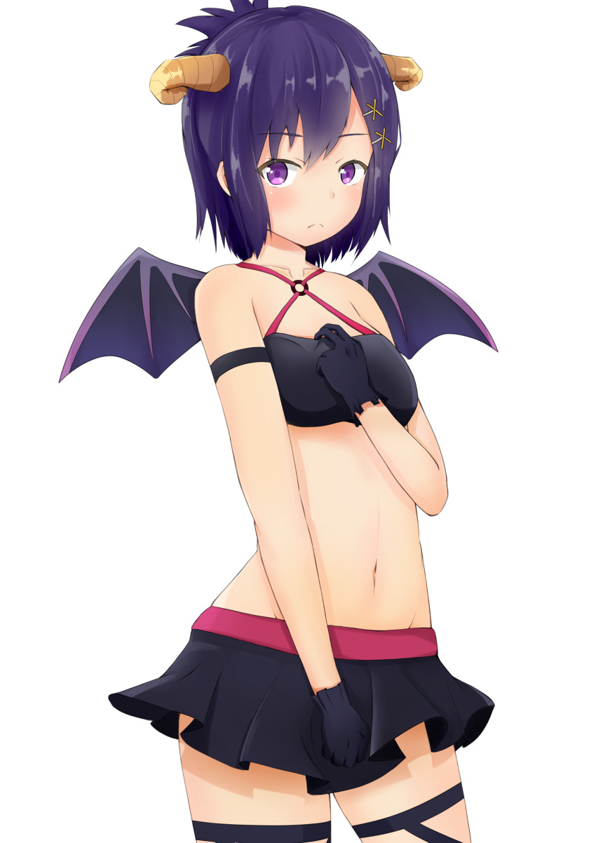 1girl bare_shoulders black_gloves black_skirt blush cowboy_shot crop_top demon_girl demon_horns demon_wings female_focus frown gabriel_dropout gloves groin hair_between_eyes hair_ornament hairclip hallelujah_essaim hand_on_own_chest hand_up highres horns looking_at_viewer medium_hair midriff miniskirt navel pleated_skirt purple_eyes purple_hair shishou_(doragyurosu) simple_background skirt solo vignette_tsukinose_april white_background wings x_hair_ornament