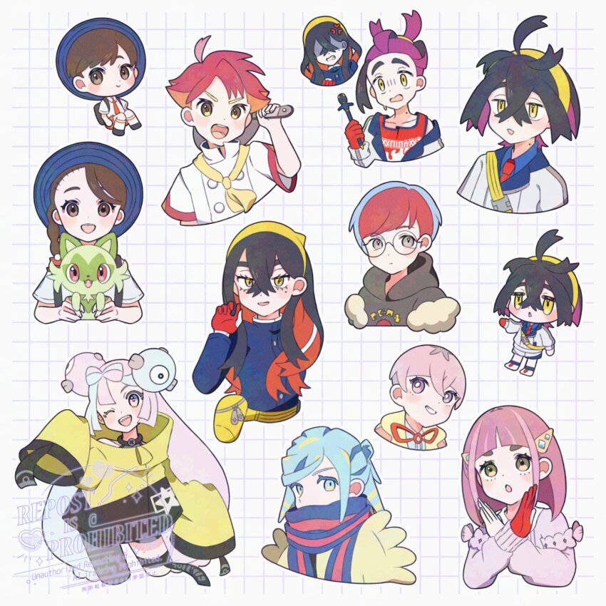 5boys 5girls anger_vein aqua_hair black_hair blue_hair blue_jacket blunt_bangs brown_eyes brown_hair carmine_(pokemon) chibi creatures_(company) crispin_(pokemon) crossed_bangs florian_(pokemon) frying_pan game_freak gloves grid_background grin grusha_(pokemon) hairband hat highres holding iono_(pokemon) jacket juliana_(pokemon) kieran_(pokemon) kuu02h lacey_(pokemon) long_hair long_sleeves mole mole_on_neck mole_under_eye multicolored_hair multiple_boys multiple_girls multiple_views nintendo one_eye_closed open_mouth orange_hair ortega_(pokemon) penny_(pokemon) pink_hair pokemon pokemon_(creature) pokemon_sv purple_hair red_gloves red_hair red_tank_top shaded_face sharp_teeth single_glove sleeves_past_fingers sleeves_past_wrists smile sprigatito tank_top teeth x_arms yellow_bag yellow_eyes yellow_hairband