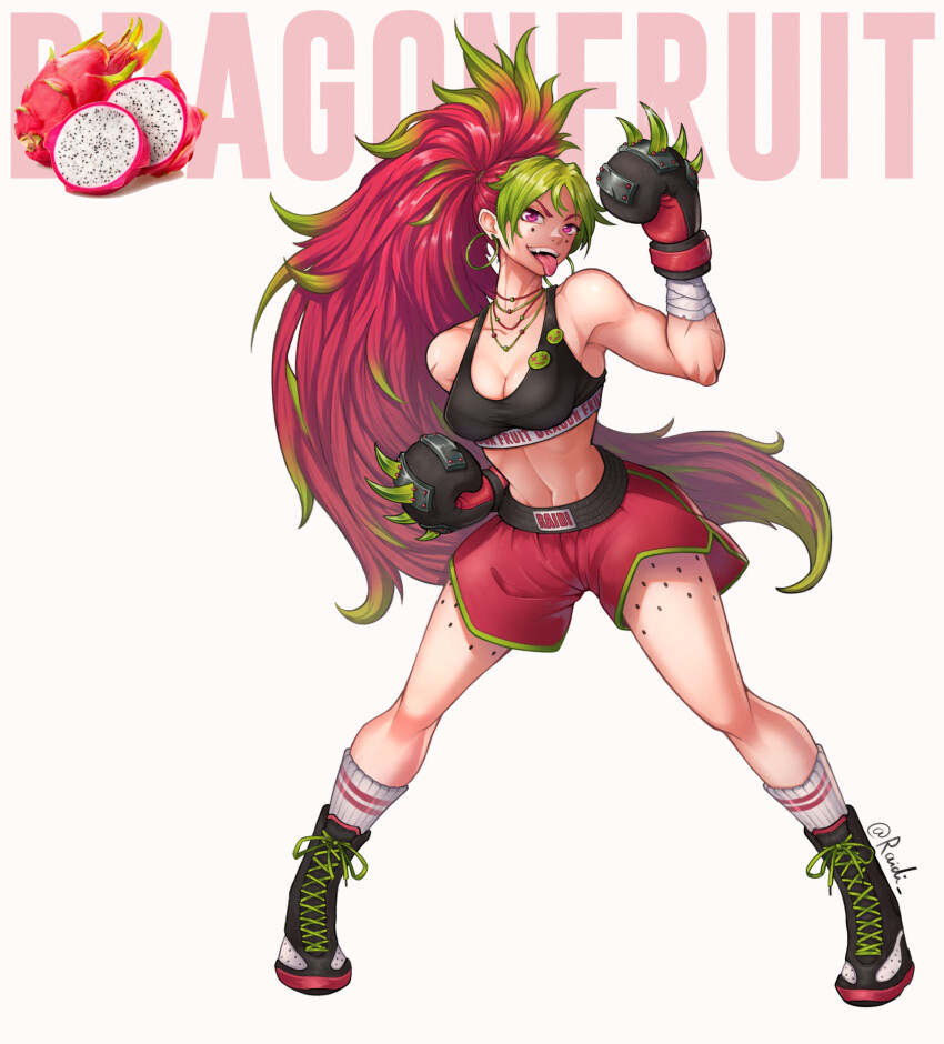 1girl artist_request bandages bare_shoulders boots boxers boxing boxing_gloves breasts curly_hair dragon_fruit earrings fighting_stance food freckles fruit full_body green_hair highres humanization jewelry large_breasts long_hair male_underwear multicolored_hair muscular muscular_female navel necklace open_mouth original pink_eyes pink_hair pitahaya ponytail scar scar_on_arm shorts signature smile socks spiked_knuckles teeth tongue tongue_out two-tone_hair underwear upper_teeth_only very_long_hair white_background white_socks