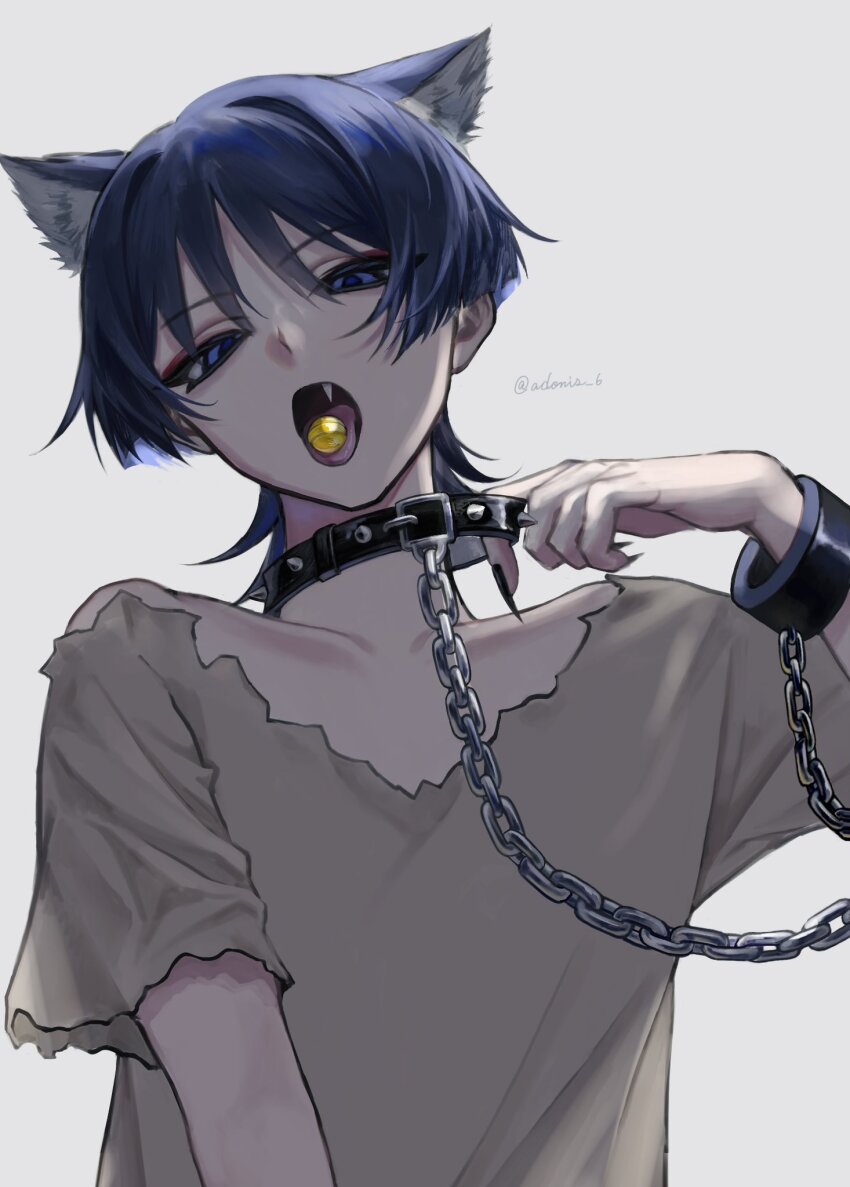 1boy alternate_costume animal_ear_fluff animal_ears belt_collar black_collar black_hair black_nails brown_shirt brown_sleeves candy cat_ears chain chain_leash chained chained_wrists collar collarbone colored_inner_hair cuffs curled_fingers eyeliner eyeshadow fang fingernails food food_in_mouth genshin_impact half-closed_eyes hand_up head_tilt highres leash lollipop long_fingernails looking_at_viewer makeup male_focus multicolored_hair open_mouth purple_eyes purple_hair red_eyeliner red_eyeshadow scaramouche_(genshin_impact) sharp_fingernails shirt short_sleeves single_off_shoulder solo spiked_collar spikes tongue torn_clothes torn_shirt tunic twitter_username uragoi very_long_fingernails white_background