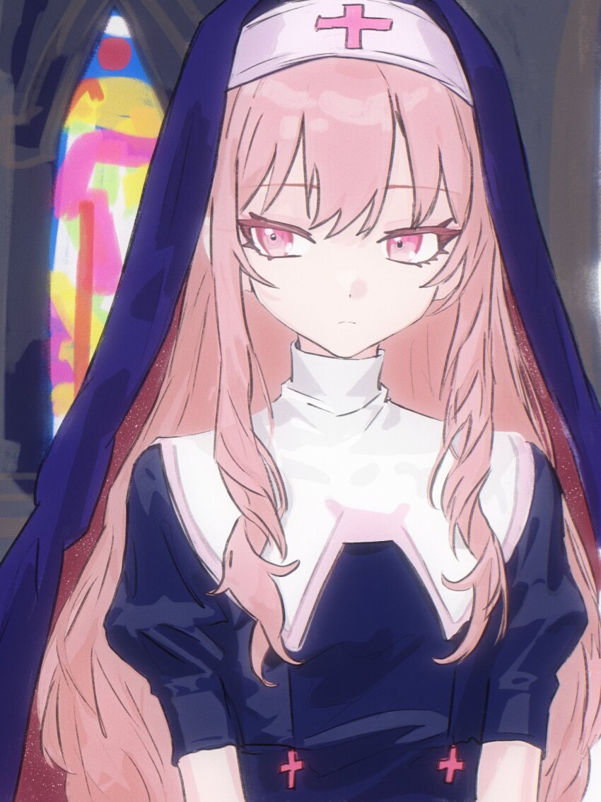 1other akiyama_mizuki church closed_mouth cobwvmeti dress hair_down highres indoors long_hair looking_to_the_side nun other_focus pink_eyes pink_hair project_sekai short_sleeves sidelocks stained_glass veil