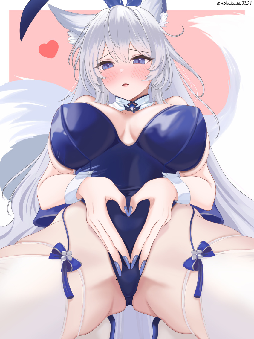 1girl absurdres animal_ear_fluff animal_ears azur_lane blue_eyes blue_garter_straps blue_leotard blue_nails blush breasts commentary detached_collar double-parted_bangs embarrassed fake_animal_ears feet_out_of_frame fox_ears fox_girl fox_tail from_below furrowed_brow grey_hair heart heart_hands highleg highleg_leotard highres kitsune kneeling kyuubi large_breasts leotard long_hair looking_at_viewer mole mole_on_crotch mole_under_eye multiple_tails nail_polish nobukusa0209 official_alternate_costume parted_lips pink_background playboy_bunny rabbit_ears shinano_(azur_lane) shinano_(visions_of_fantasy)_(azur_lane) simple_background solo strapless strapless_leotard tail thighhighs twitter_username very_long_hair white_thighhighs white_wrist_cuffs wrist_cuffs