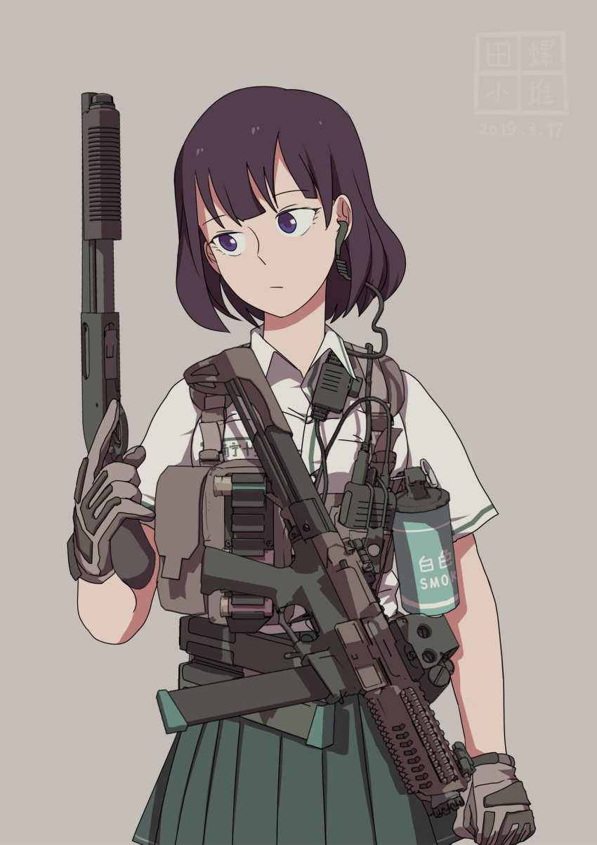 1girl chinese_commentary commentary_request dated earpiece etmc1992 gloves gun highres holding holding_gun holding_weapon load_bearing_vest original pump_action purple_eyes purple_hair remington_870 sawed-off_shotgun school_uniform shotgun simple_background solo weapon weapon_request