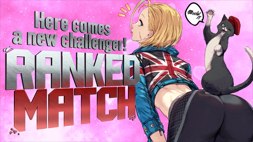 absurdres ahoge animal ass back blonde_hair blue_eyes cammy_white cat english_text facial_scar hat highres huge_ahoge jacket r1nzo scar scar_on_cheek scar_on_face short_hair street_fighter street_fighter_6 street_fighter_6_new_challenger_art_contest