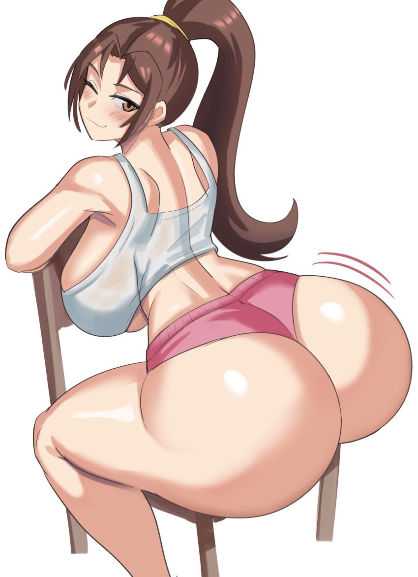 1girl alternate_costume ass ass_focus ass_shake bare_shoulders blush breasts brown_eyes brown_hair chair come_hither fatal_fury from_behind huge_ass huge_breasts jiggle long_hair looking_at_viewer looking_back naughty_face official_alternate_costume one_eye_closed ponytail shiranui_mai short_shorts shorts sideboob sitting smile solo sports_bra street_fighter street_fighter_6 the_king_of_fighters thick_thighs thighs very_long_hair wonk ytrall