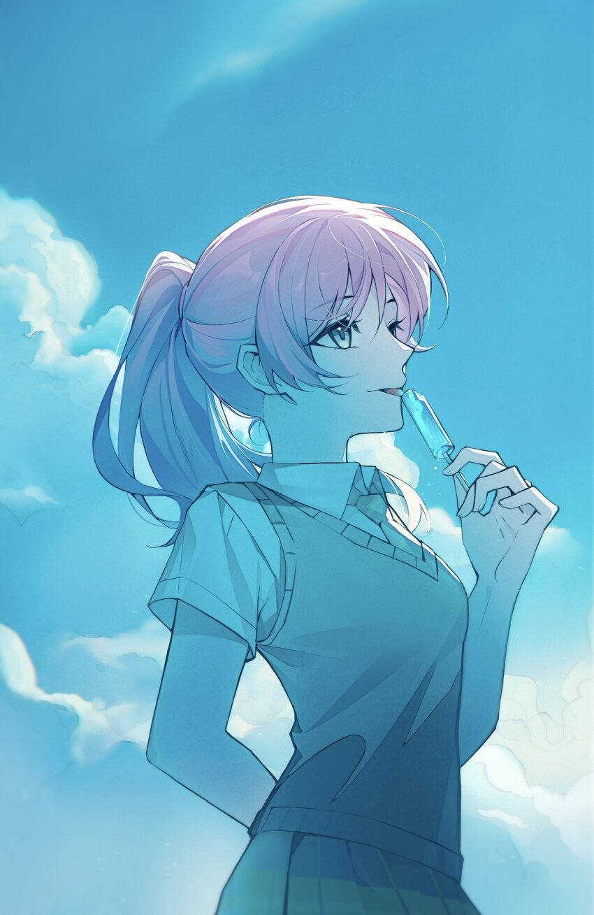 1girl bang_dream! bang_dream!_it&#039;s_mygo!!!!! blue_eyes blue_sky brown_sweater_vest chihaya_anon cloud collared_shirt commentary food green_skirt hashtag-only_commentary highres holding holding_food holding_popsicle long_hair outdoors parted_lips pink_hair pleated_skirt popsicle shirt short_sleeves skirt sky solo sweater_vest tomatoo7 tongue tongue_out white_shirt