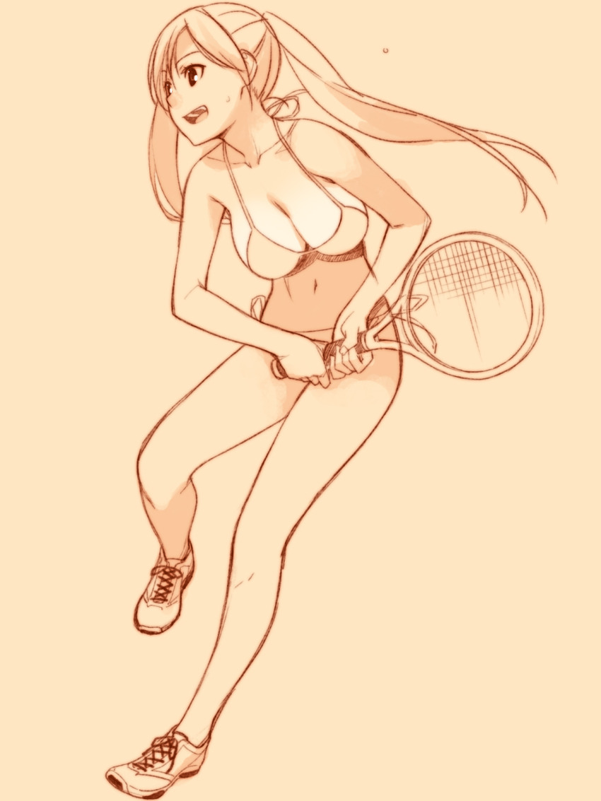 1girl :d bikini breasts cleavage female_focus full_body halterneck highres ino_(magloid) kousaka_rino large_breasts long_hair monochrome navel open_mouth otome_function racket shoes side-tie_bikini_bottom smile sneakers solo standing standing_on_one_leg string_bikini sweat swimsuit tennis_racket twintails