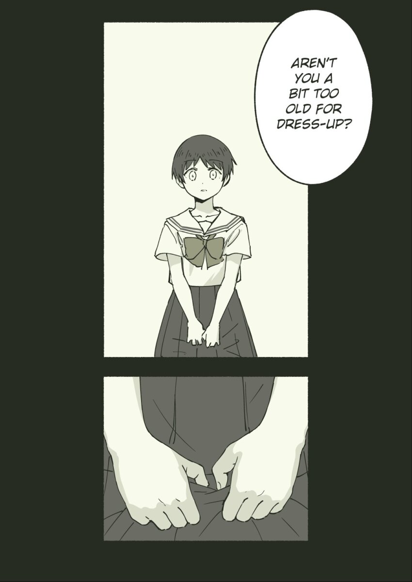 1boy close-up collarbone comic crossdressing english_text gender_dysphoria greyscale highres long_skirt monochrome original pas_(paxiti) pleated_skirt school_uniform serafuku short_hair skirt speech_bubble