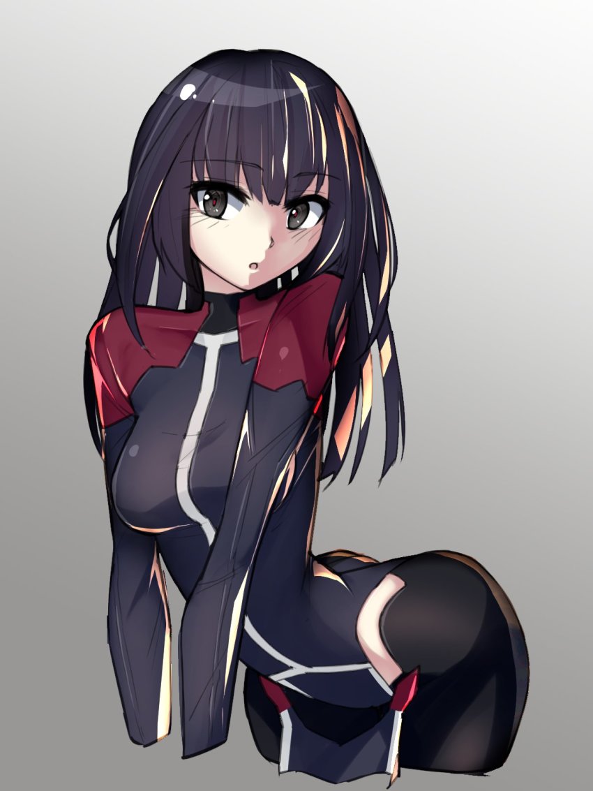 1girl :o agatsuma_kaede alice_gear_aegis bent_over black_eyes black_hair bodysuit breasts grey_background highres i.takashi looking_down medium_breasts open_mouth skin_tight solo