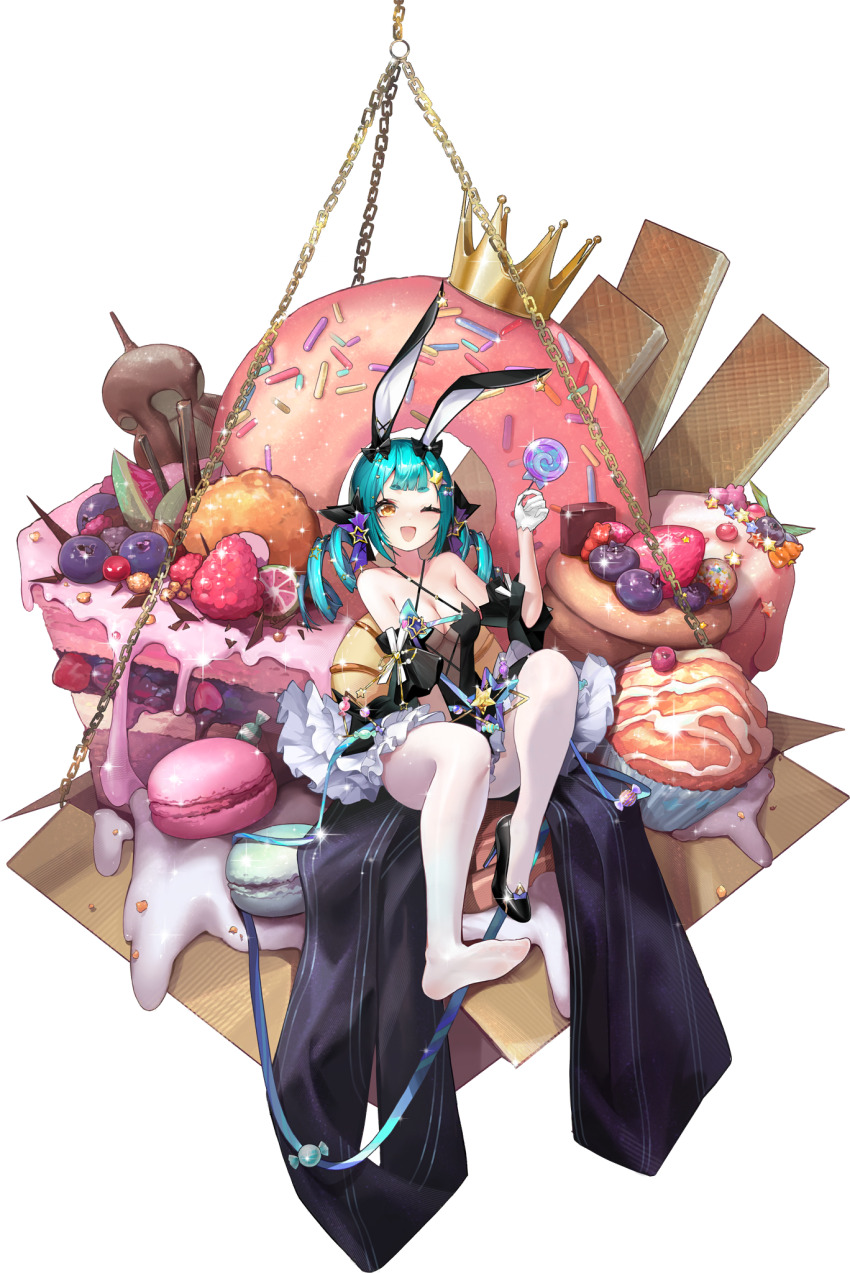 1girl ;d animal_ears artist_request bare_shoulders black_footwear cake cake_slice character_request daiblos_core feet food fruit gloves green_hair high_heels highres official_art one_eye_closed open_mouth pantyhose patent_heels pumps rabbit_ears shoes skirt smile soles stiletto_heels strawberry white_gloves white_pantyhose yellow_eyes