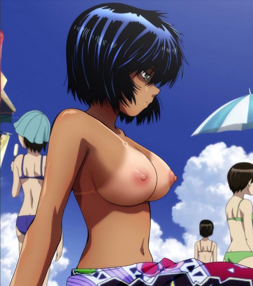 4girls ass bare_shoulders beach bikini black_hair breasts butt_crack green_eyes large_breasts male_swimwear_challenge mikoto multiple_girls navel nazo_no_kanojo_x nipples outdoors public_indecency public_nudity stomach sunbathing swimsuit tan tanline topless urabe_mikoto