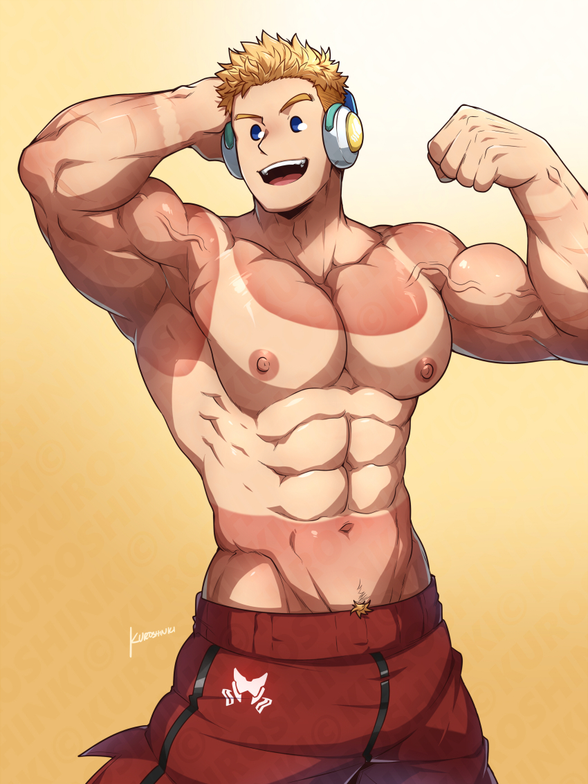 1boy abs absurdres bara biceps blonde_hair blue_eyes boku_no_hero_academia flexing headphones heat_stroke_photoshoot_(meme) highres kuroshinki large_pectorals male_focus muscular muscular_male navel nipples open_mouth pants pectorals red_pants short_hair smile solo tan togata_mirio topless_male