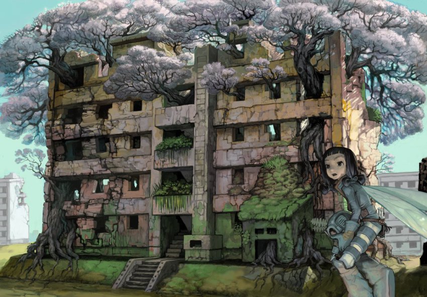 1girl black_hair building cherry_blossoms day female_focus helmet insect_wings kawaguchi_youhei original overgrown plant ruins scenery sky solo tree wings