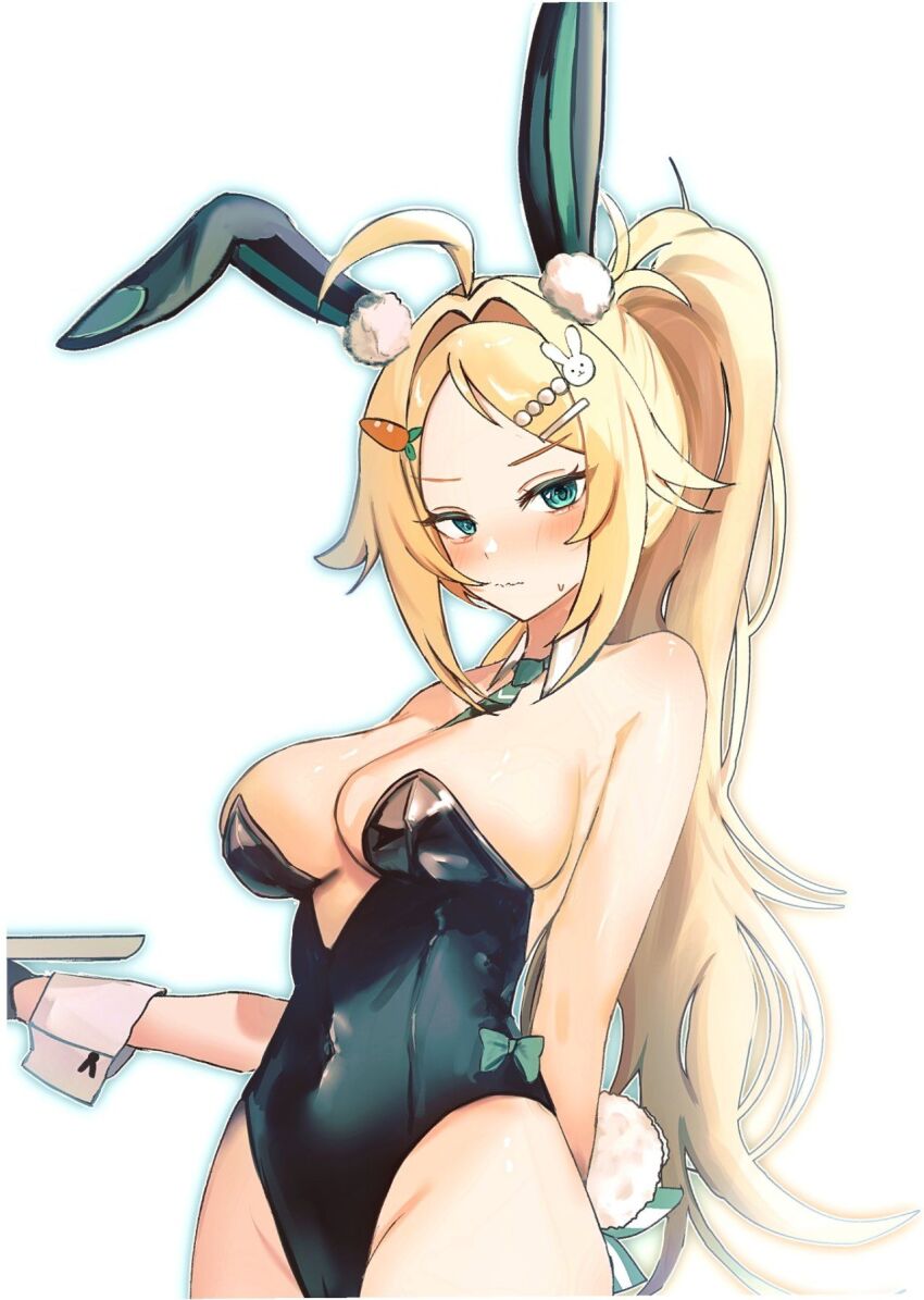 1girl ahoge animal_ear_fluff animal_ears aqua_eyes arm_behind_back artist_request bare_arms bare_shoulders between_breasts black_leotard black_survival blonde_hair blush bow breasts cleavage closed_mouth covered_navel cowboy_shot detached_collar eternal_return:_black_survival fake_animal_ears green_bow hair_intakes hair_ornament hairclip high_ponytail highleg highleg_leotard highres large_breasts leotard long_hair looking_at_viewer necktie necktie_between_breasts nicky_blake nicky_blake_(bad_beat) no_jacket official_alternate_costume playboy_bunny ponytail rabbit_ears rabbit_tail short_necktie sidelocks simple_background solo standing strapless strapless_leotard sweatdrop tail v-shaped_eyebrows very_long_hair wavy_mouth white_background wrist_cuffs