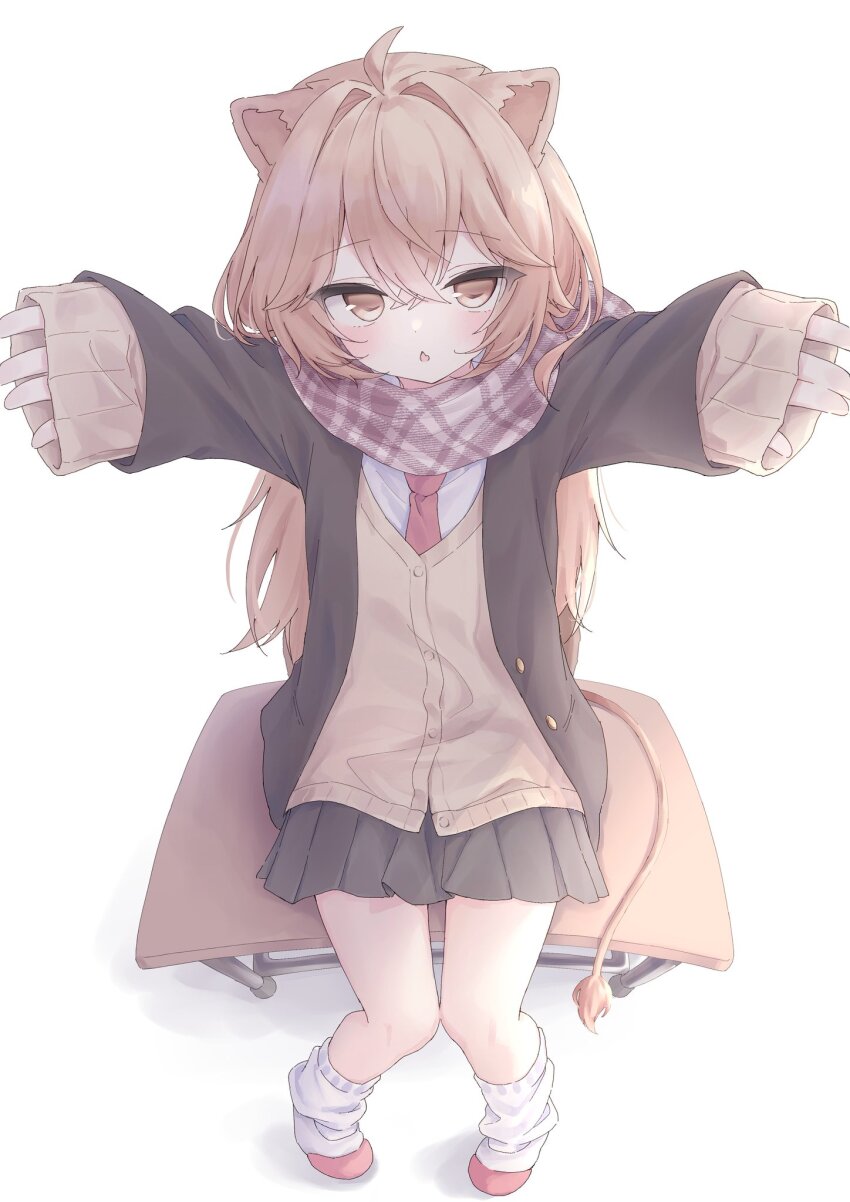 1girl ahoge animal_ears black_jacket black_skirt brown_cardigan brown_eyes brown_hair cardigan crossed_bangs desk fang hair_between_eyes hair_intakes highres indie_virtual_youtuber jacket lion_ears lion_girl lion_tail long_hair long_sleeves looking_at_viewer loose_socks necktie nekomogu_(ch0_s2) on_desk open_mouth outstretched_arms plaid_clothes plaid_scarf pleated_skirt red_necktie red_scarf rurudo_lion scarf school_desk shirt sitting skin_fang skirt sleeves_past_wrists socks solo tail virtual_youtuber white_shirt white_socks