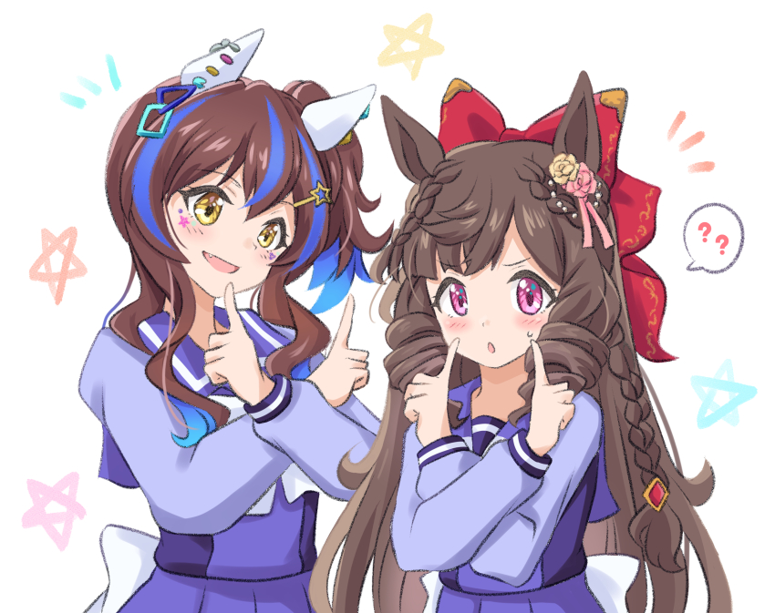 ! 2girls :o animal_ears blush bow braid brown_hair crossed_arms daiichi_ruby_(umamusume) daitaku_helios_(umamusume) drill_hair ear_bow ear_covers fang hair_bow hair_ornament hairclip hands_up highres horse_ears index_fingers_raised kurumiyasan_ns long_sleeves looking_at_another looking_at_viewer multiple_girls notice_lines one_side_up open_mouth purple_eyes purple_shirt purple_skirt sailor_collar school_uniform shirt simple_background skirt smile spoken_exclamation_mark star_(symbol) sweatdrop tracen_school_uniform umamusume upper_body white_background yellow_eyes