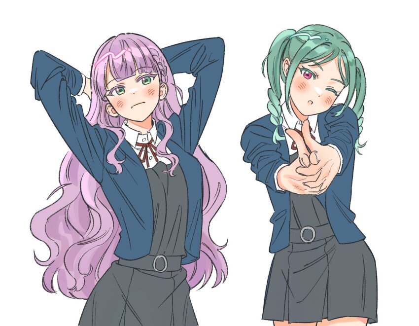 2girls ;o aiming aiming_at_viewer arms_up blue_jacket blunt_bangs blush braid braided_twintails collared_shirt commentary_request cowboy_shot dress dress_shirt finger_gun frown green_eyes green_hair grey_dress highres idgukgu interlocked_fingers jacket korean_commentary long_hair long_sleeves looking_at_viewer love_live! love_live!_superstar!! medium_hair multiple_girls neck_ribbon one_eye_closed onitsuka_tomari open_clothes open_jacket open_mouth own_hands_clasped own_hands_together pleated_dress purple_hair red_eyes red_ribbon ribbon school_uniform shirt short_dress side_braids sidelocks simple_background very_long_hair wavy_hair white_background white_shirt wien_margarete winter_uniform yuigaoka_school_uniform