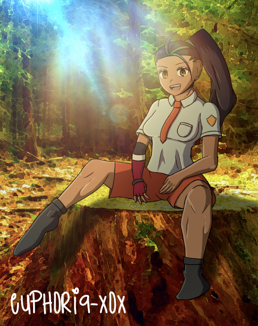 black_hair blue_shirt branch creatures_(company) euphoria-xox forest game_freak gloves highres looking_at_viewer nature necktie nemona_(pokemon) nintendo orange_shorts pokemon pokemon_sv ponytail shirt shorts single_glove smile socks tree tree_stump yellow_eyes