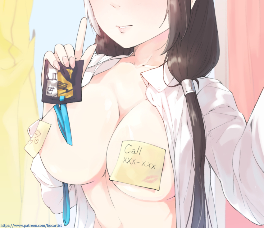 1girl black_hair boca girls&#039;_frontline id_card long_hair multicolored_hair no_bra paper ro635_(girls&#039;_frontline) shirt solo two-tone_hair white_hair white_shirt