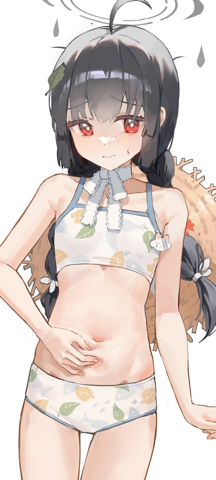 1girl absurdres ahoge bare_shoulders belly_grab bikini black_hair blue_archive blush braid choker closed_mouth collarbone commentary cowboy_shot flat_chest floral_print halo hat highres kustaru lace-trimmed_choker lace_trim long_hair looking_at_viewer miyu_(blue_archive) miyu_(swimsuit)_(blue_archive) navel official_alternate_costume pinching red_eyes simple_background solo stomach sun_hat sweatdrop swimsuit twin_braids white_background white_bikini white_choker