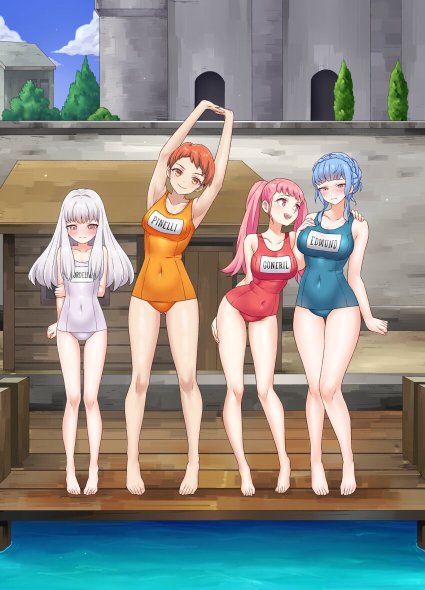 4girls alternate_costume blue_hair commission fire_emblem fire_emblem:_three_houses highres hilda_valentine_goneril igni_tion leonie_pinelli lysithea_von_ordelia marianne_von_edmund multiple_girls nintendo one-piece_swimsuit orange_hair pink_hair pool second-party_source swimsuit twintails white_hair