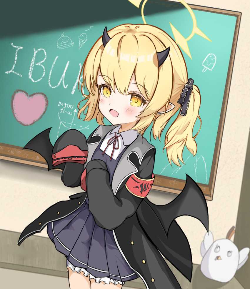 1girl apocrypha_(pixiv_1654161151) black_jacket blonde_hair blue_archive blush demon_horns demon_wings halo heart highres horns ibuki_(blue_archive) jacket long_hair long_sleeves looking_at_viewer open_mouth original pleated_skirt school shirt skirt smile solo twintails wings yellow_eyes