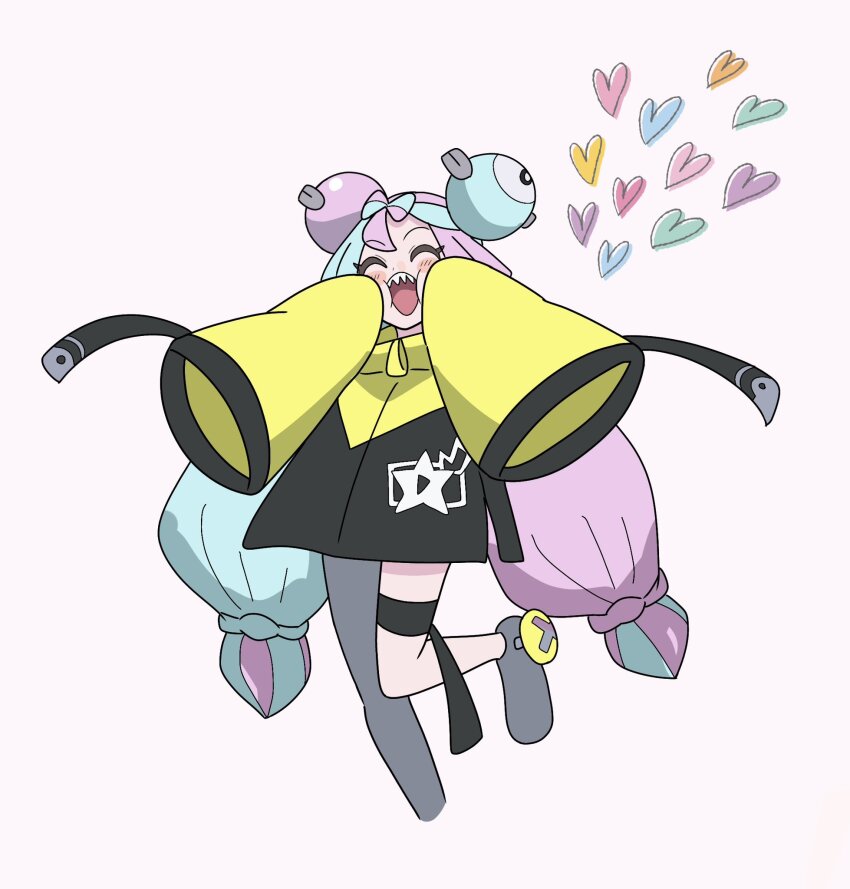 1girl blue_hair blush bow-shaped_hair character_hair_ornament closed_eyes creatures_(company) facing_viewer game_freak grey_pantyhose hair_ornament heart highres iono_(pokemon) jacket leg_up long_sleeves miin_(toukotouya) multicolored_hair nintendo open_mouth pantyhose pink_hair pokemon pokemon_sv sharp_teeth single_leg_pantyhose solo teeth thigh_strap twintails two-tone_hair upper_teeth_only white_background wide_sleeves yellow_jacket