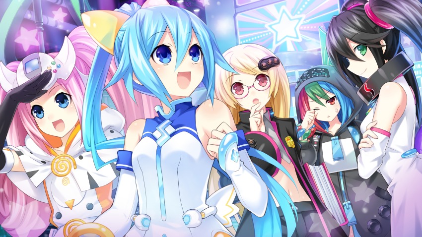 5girls black_hair blonde_hair blue_eyes blue_hair choujigen_taisen_neptune_vs_sega_hard_girls elbow_gloves game_cg glasses gloves green_eyes hair_ornament highres long_hair multiple_girls neptune_(series) official_art one_eye_closed pink_hair ponytail red_eyes sega_dreamcast_(sega_hard_girls) sega_game_gear_(sega_hard_girls) sega_hard_girls sega_hatsumi sega_mega_drive_(sega_hard_girls) sega_saturn_(sega_hard_girls) segami tsunako twintails