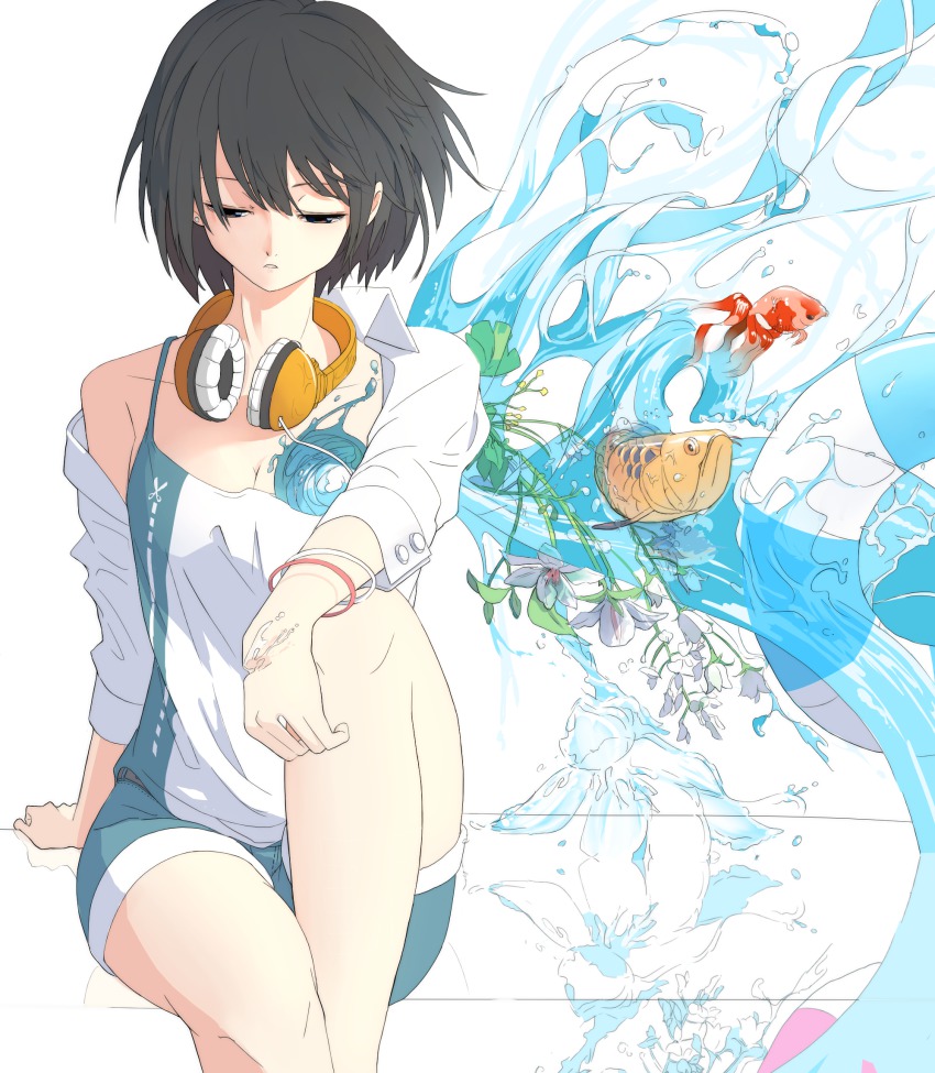 1girl arowana aspara black_eyes black_hair bracelet collared_shirt dress_shirt female_focus fish flower goldfish half-closed_eyes headphones headphones_around_neck highres innertube jewelry melting off_shoulder original shirt short_hair shorts sitting sleeveless solo swim_ring water white_shirt