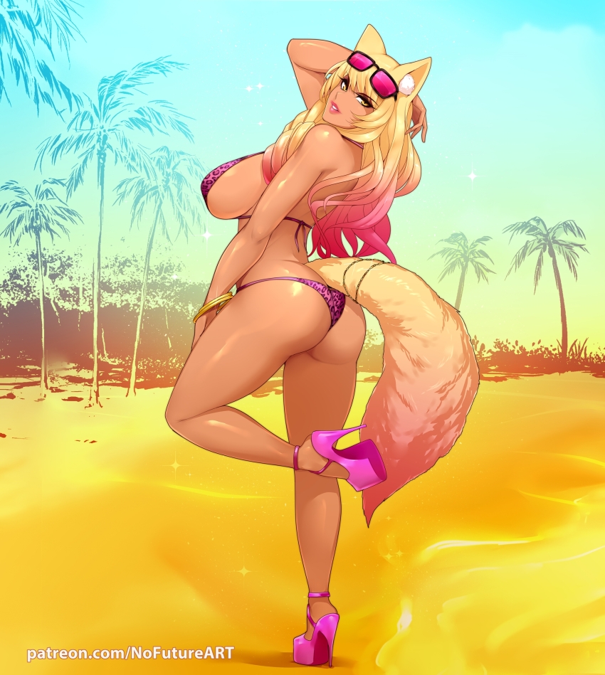 1girl animal_ear_fluff animal_ears animal_print ass beach bikini blonde_hair bracelet breasts day eyewear_on_head fate/grand_order fate_(series) fox_ears fox_girl fox_tail gradient_hair gyaru high_heels highres jewelry large_breasts leopard_print multicolored_hair nofuture outdoors palm_tree pink_bikini pink_hair solo standing standing_on_one_leg sunglasses suzuka_gozen_(fate) suzuka_gozen_(swimsuit_rider)_(fate) suzuka_gozen_(swimsuit_rider)_(second_ascension)_(fate) swimsuit tail tan tree yellow_eyes