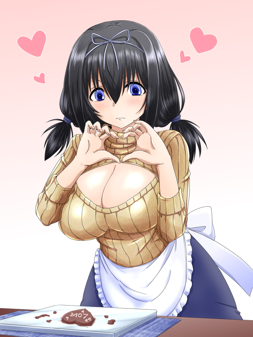 1girl apron black_hair blue_eyes blue_skirt breasts candy chocolate chocolate_heart cleavage closed_mouth cutting_board fingernails food hair_between_eyes hair_ribbon heart heart_hands highres idolmaster idolmaster_cinderella_girls large_breasts meme_attire nervous nozarashi_satoru open-chest_sweater ribbed_sweater ribbon sagisawa_fumika short_twintails skirt solo sweatdrop sweater twintails valentine waist_apron wavy_mouth white_ribbon