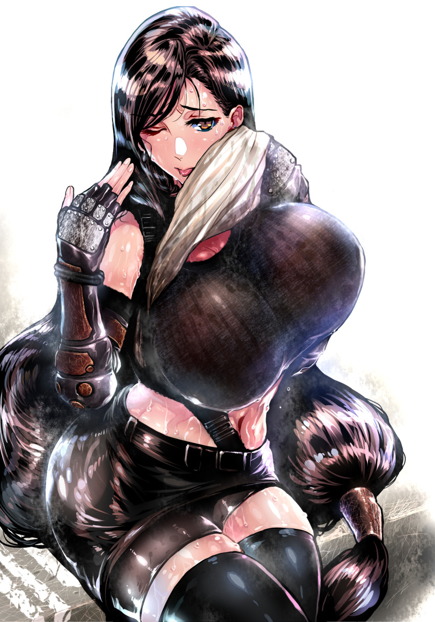 1girl black_hair breasts brown_eyes clothes_lift final_fantasy final_fantasy_vii final_fantasy_vii_remake fingerless_gloves gloves highres huge_breasts long_hair low-tied_long_hair midriff navel one_eye_closed shirt_lift solo square_enix sweat thighhighs tifa_lockhart tongue tongue_out warainaku wink wiping_face