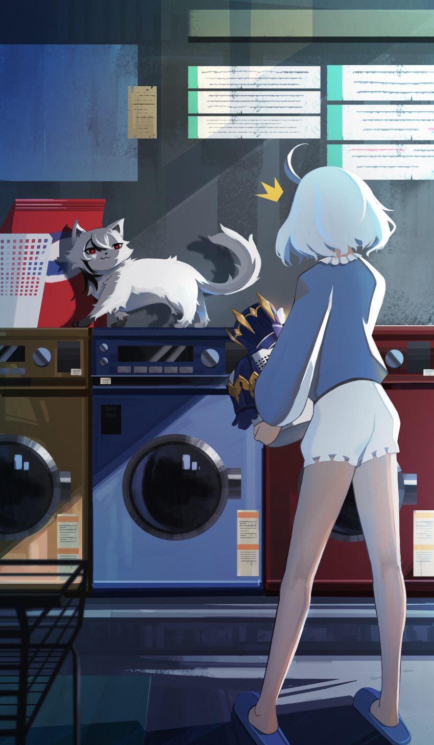 1girl :3 ^^^ absurdres alternate_costume animalization arlecchino_(genshin_impact) basket black_eyes blue_hair blue_hat blue_shirt cat cowlick from_behind furina_(genshin_impact) genshin_impact hat highres holding holding_basket indoors laundromat laundry laundry_basket light_blue_hair mini_hat mini_top_hat multicolored_hair red_pupils saeshimi shirt short_hair shorts sidelighting slippers standing streaked_hair symbol-shaped_pupils top_hat unworn_hat unworn_headwear washing_machine white_cat white_shorts x-shaped_pupils