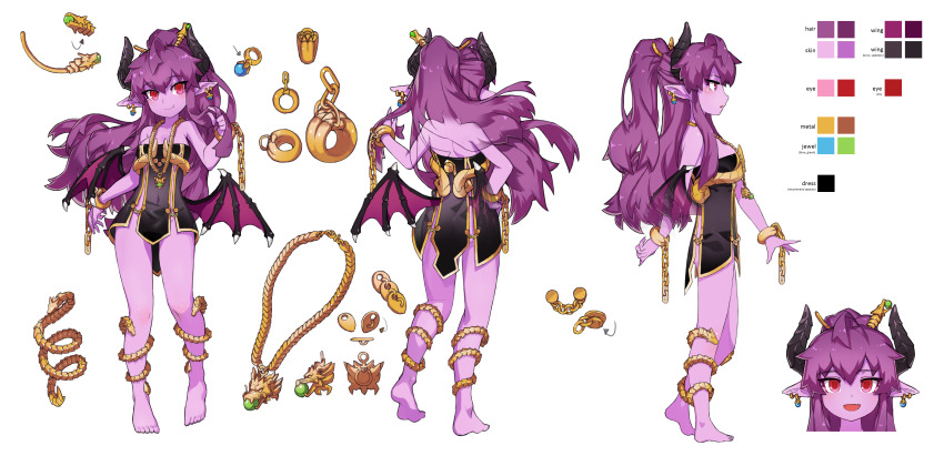 1girl :d absurdres ahoge anklet arm_at_side ass bare_shoulders barefoot black_dress black_horns bracelet breasts character_sheet collarbone color_guide colored_skin commentary_request concept_art covered_navel demon_girl demon_horns demon_wings dress earrings fang from_behind from_side full_body gold_trim hand_on_own_hip hand_up highres horns jewelry long_hair looking_at_viewer low_wings medium_breasts mg_(ms12140) mgd ming_(mg) multiple_views necklace open_mouth original pointy_ears ponytail portrait profile purple_hair purple_skin red_eyes revision sidelocks simple_background smile standing strapless strapless_dress tail turnaround unworn_bracelet unworn_earring unworn_jewelry unworn_necklace very_long_hair white_background wings