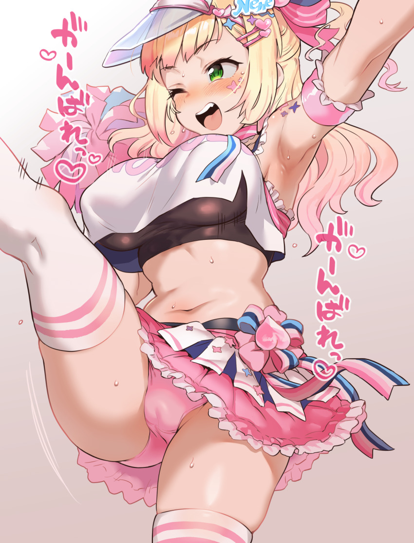 1girl absurdres armpits blonde_hair blush bow bow_skirt breasts cheerleader choker clothes_writing covered_erect_nipples cowboy_shot crop_top diagonal_bangs floral_bow frilled_choker frilled_sash frills gradient_background gradient_hair green_eyes hair_ornament highres holding holding_pom_poms hololive jumping jun_tsugumi kicking large_breasts long_hair looking_to_the_side midriff miniskirt momosuzu_nene momosuzu_nene_(cheerleader) multicolored_hair navel one_eye_closed open_mouth outstretched_arms panties pantyshot pink_armband pink_choker pink_hair pink_panties pink_sash pom_pom_(cheerleading) pom_poms ribbon sash see-through_clothes see-through_headwear sideways_hat single_hair_ring skindentation skirt smile solo sports_bra_peek sticker_on_face thighhighs underwear virtual_youtuber visor_cap white_thighhighs zettai_ryouiki