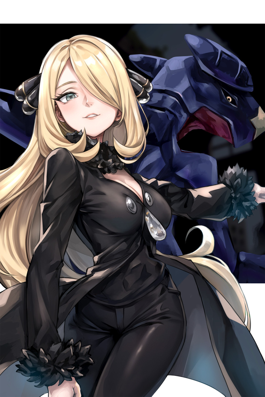 1girl black_coat black_sclera blonde_hair blush breasts cleavage closed_mouth coat colored_sclera creatures_(company) cynthia_(pokemon) dragon fur-trimmed_coat fur-trimmed_sleeves fur_collar fur_trim game_freak garchomp gen_4_pokemon grey_eyes hair_ornament hair_over_one_eye highres jajanome long_hair long_sleeves medium_breasts nintendo pokemon pokemon_dppt shark_fin smile standing very_long_hair yellow_eyes