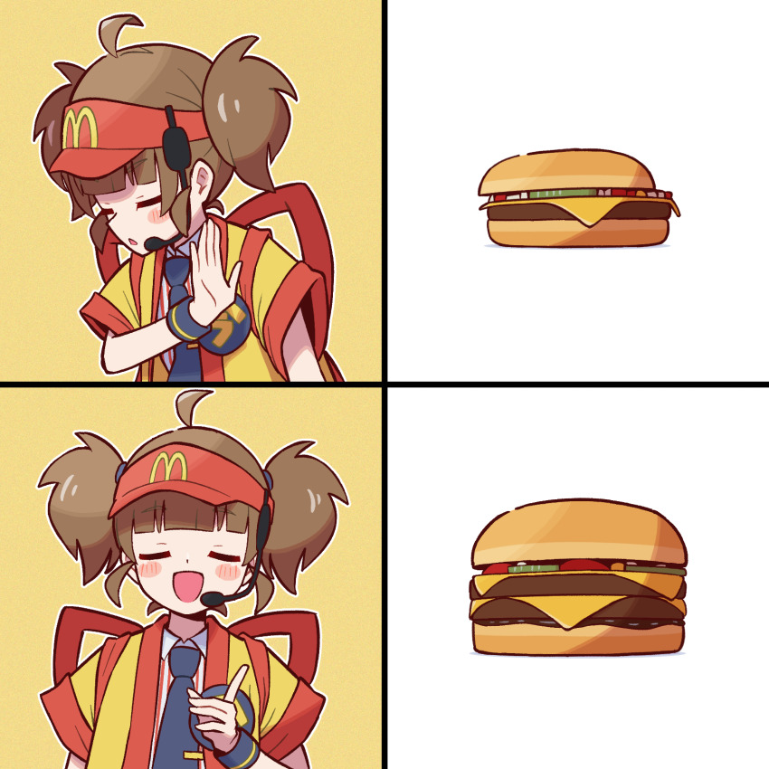 1girl :d ahoge blunt_bangs blush_stickers brown_hair burger cheese closed_eyes commentary_request drakeposting_(meme) food hand_up headset highres imadake_dabuchi_tabemi index_finger_raised jacket logo mcdonald&#039;s meme necktie open_clothes open_jacket open_mouth pickle shirt short_sleeves short_twintails sliced_cheese smile tie_clip twintails visor_cap wristband yellow_jacket zitome_i