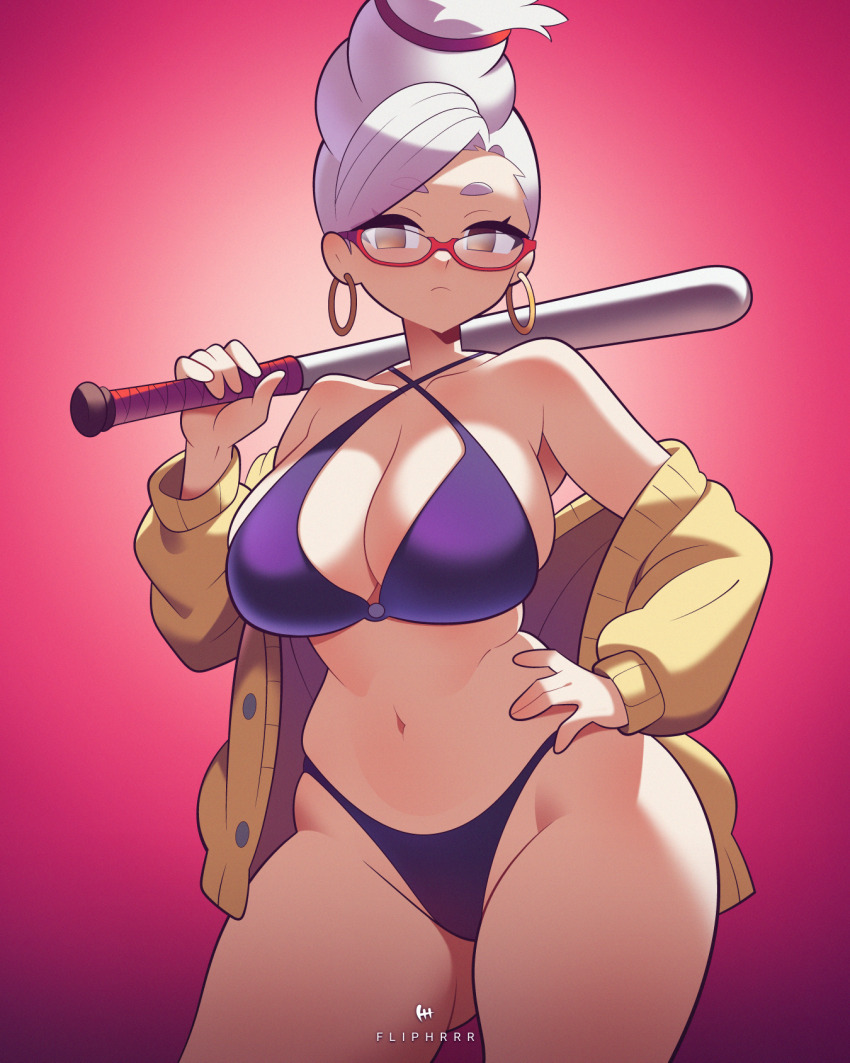 1girl artist_name ayase_seiko baseball_bat bikini breasts brown_eyes cleavage closed_mouth clothes_pull collarbone cowboy_shot dandadan earrings eyebrows eyelashes female_focus flipherrrr glasses gradient_background hand_on_own_hip holding holding_baseball_bat jewelry large_breasts looking_at_viewer mature_female navel open_clothes open_sweater purple_background purple_bikini red-framed_eyewear semi-rimless_eyewear serious short_hair simple_background solo standing sweater sweater_pull swimsuit thick_eyebrows under-rim_eyewear watermark white_hair yellow_sweater