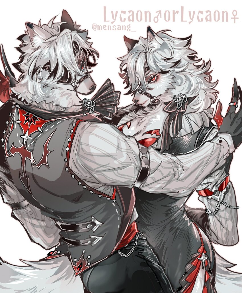 1boy 1girl black_vest body_fur claws commentary_request cowboy_shot dual_persona eyepatch furry furry_female furry_male genderswap genderswap_(mtf) highres long_hair looking_at_viewer looking_back mensang red_eyes short_hair simple_background tail vest von_lycaon white_background white_fur white_hair wolf_boy wolf_girl zenless_zone_zero