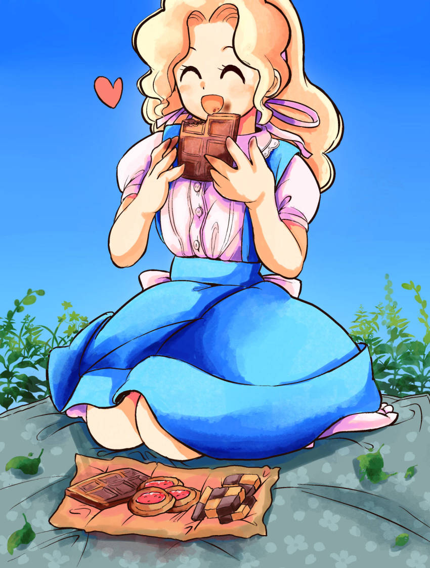 1980s_(style) 1girl ^_^ alice_margatroid alice_margatroid_(pc-98) bad_id bad_pixiv_id blonde_hair blue_skirt chocolate closed_eyes cookie day eating closed_eyes food hair_ribbon happy heart highres medium_hair oldschool open_mouth outdoors puffy_short_sleeves puffy_sleeves retro_artstyle ribbon seiza shirt short_sleeves sitting skirt socks solo suspender_skirt suspenders takemoto_izumi_(style) touhou touhou_(pc-98) white_shirt white_socks yatyou