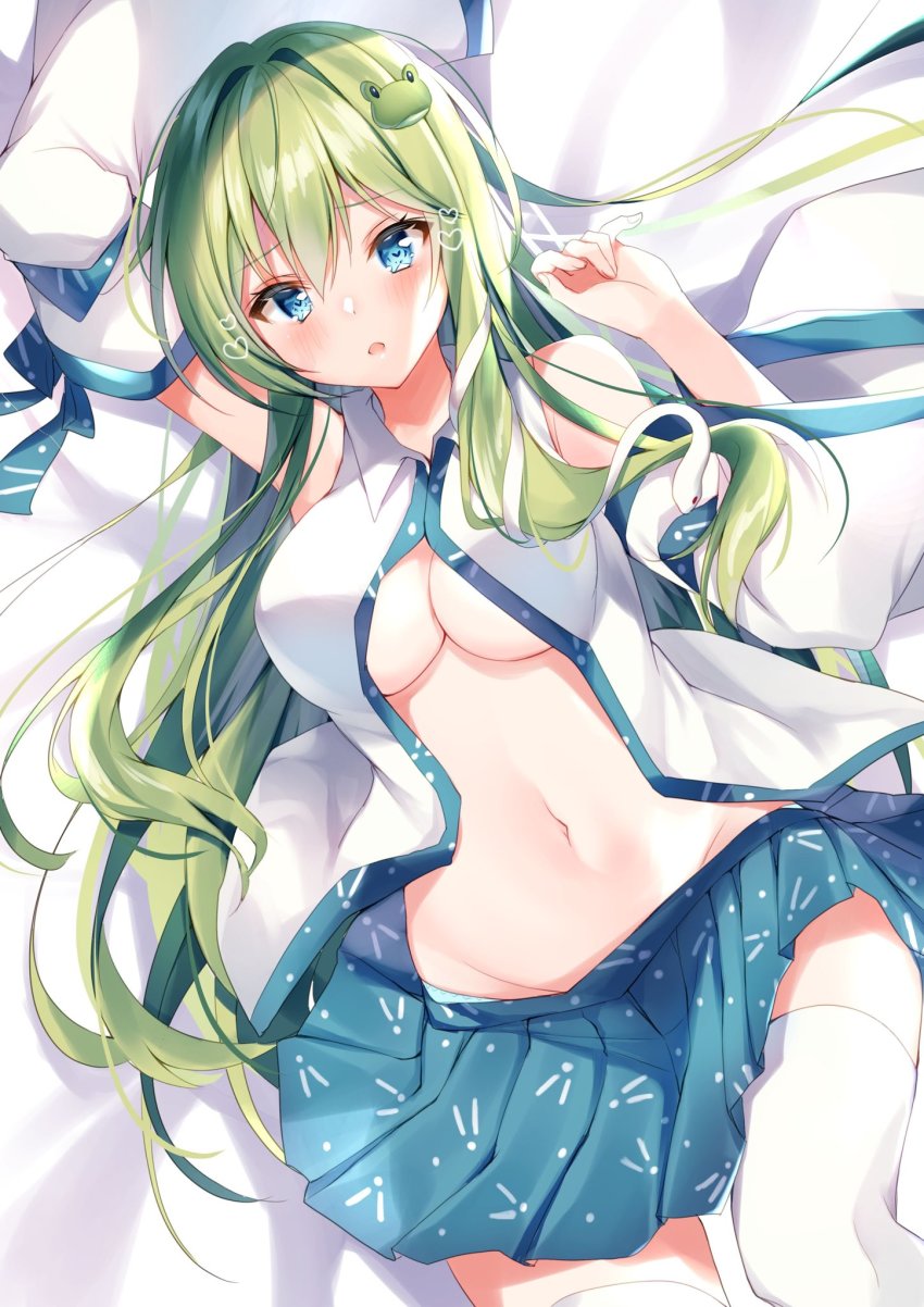 1girl bare_shoulders blue_eyes blue_panties blue_skirt blush breasts collar collared_shirt detached_sleeves frog_hair_ornament green_hair hair_between_eyes hair_ornament hairpin heart highres kochiya_sanae long_hair long_sleeves looking_at_viewer looking_up lying medium_breasts navel nenobi_(nenorium) open_mouth panties shirt skirt snake_hair_ornament solo stomach thighhighs touhou underwear white_shirt white_sleeves white_thighhighs wide_sleeves