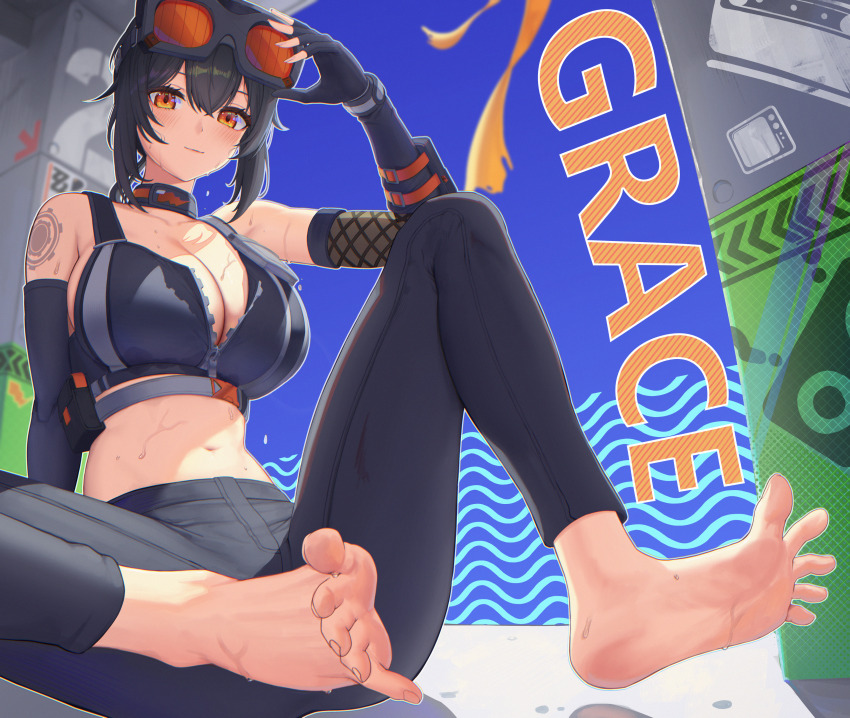 1girl absurdres barefoot black_choker black_gloves black_hair black_pants black_sports_bra blush breasts character_name choker cleavage closed_mouth commentary english_commentary feet fingerless_gloves gloves goggles goggles_on_head grace_howard hair_between_eyes highres large_breasts long_long_life looking_at_viewer navel orange-tinted_eyewear orange_eyes pants partially_unzipped shoulder_tattoo sidelocks sitting soles solo sports_bra stomach sweat tattoo tinted_eyewear toes wet zenless_zone_zero